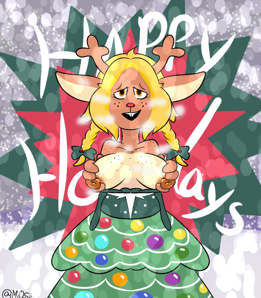 1girls 2d anthro anthro_female anthro_only antlers blonde_hair breasts christmas clothed clothing cloud deltarune dress female female_only flashing flashing_breasts freckles freckles_on_breasts freckles_on_face fur furry furry_female furry_only hair happy_holidays hi_res holidays horn humanoid humanoid_female humanoid_only mammal mammal_humanoid mii2sii mistletoe multicolored_body multicolored_fur nipples noelle_holiday partially_clothed plant pokesiimii snow solo two_tone_body two_tone_fur undertale_(series)