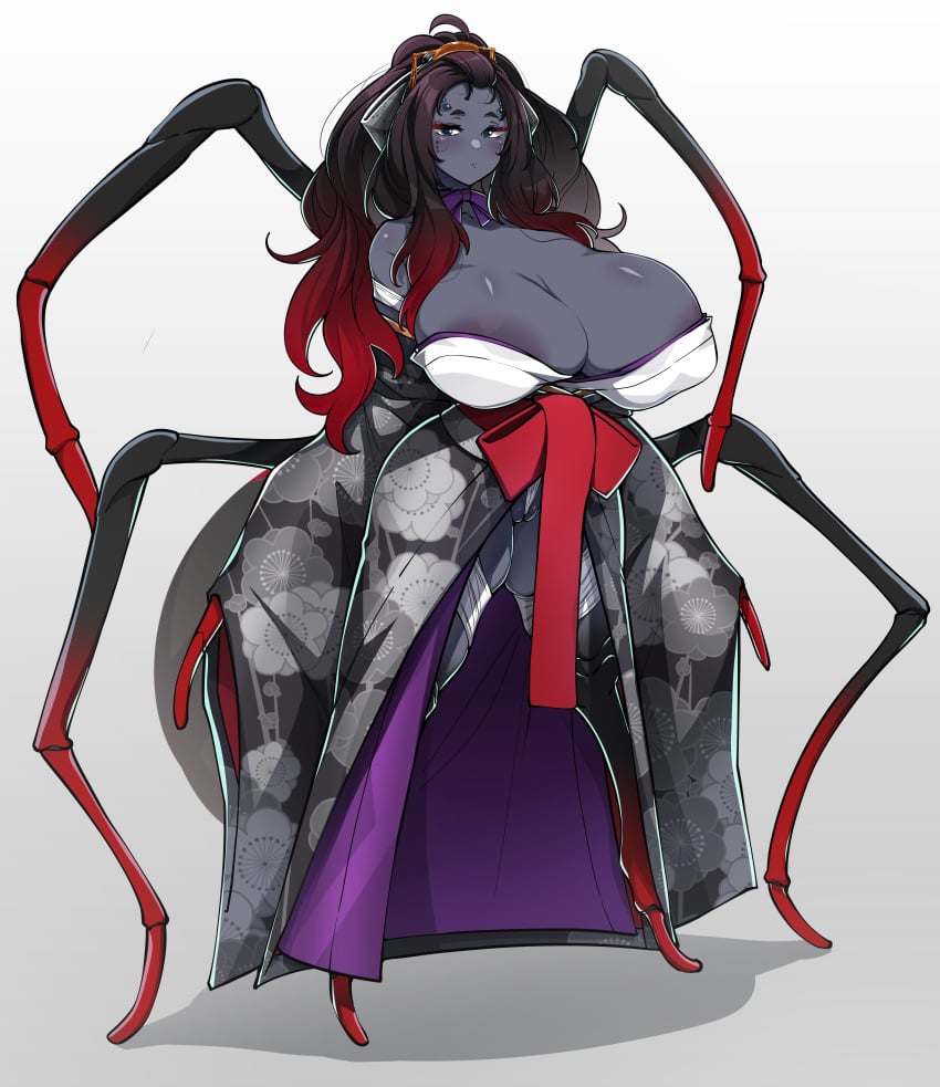 1girls 2022 absurd_res animal_humanoid arachnid arachnid_humanoid araneomorph areola arthropod arthropod_humanoid asian_clothing big_breasts black_body black_hair black_skin black_widow_spider blue_eyes bottomless bow_accessory bow_ribbon breasts brown_hair cel_shading cleavage clothed clothing east_asian_clothing eyelashes featureless_feet feet female female_only floral_print front_view full-length_portrait genitals gigantic_breasts grey_body grey_skin hair hi_res highlights_(coloring) huge_breasts humanoid japanese_clothing kimono konoshige_(ryuun) leg_wraps long_hair monotone_body monotone_skin multi_eye multi_leg multi_limb no_pupils original original_character partially_clothed pattern_clothing portrait pussy pussy_floss red_hair red_highlights ryuun_(stiil) shaded simple_background skimpy solo spider spider_humanoid squish strapless_clothing theridiid thigh_squish widow_spider wraps