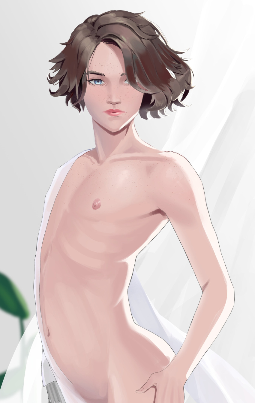 1boy android android_boy bishong_p blue_eyes brown_hair curtains femboy freckles lies_of_p male male_only naked naked_male nude pink_lips pinocchio_(character) pinocchio_(lies_of_p) pose posing_for_the_viewer sensual smooth_skin solo solo_male tasteful tasteful_nudity twink wavy_hair white_background white_skin younger_male