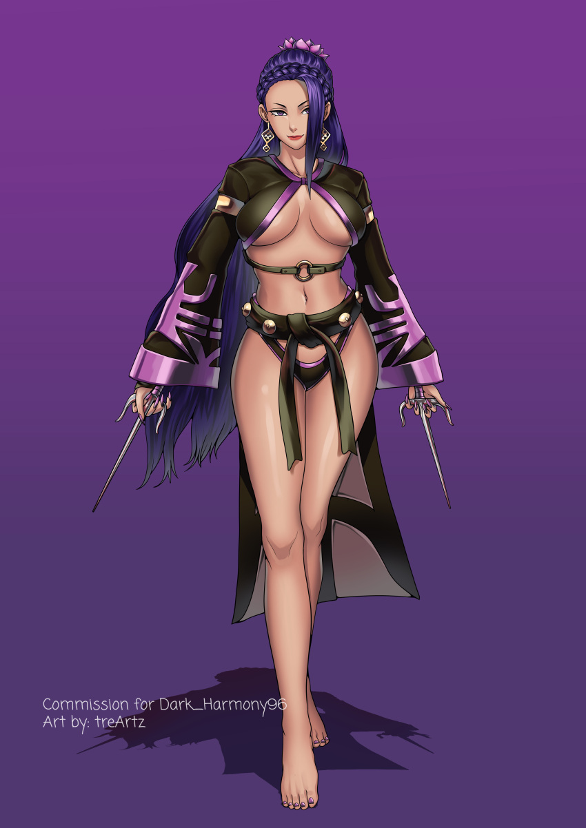 big_breasts braid braided_hair breasts cosplay ear_ring earrings female king_of_fighters long_hair luong_(kof) midriff mileena_(cosplay) mortal_kombat mortal_kombat:_deception painted_nails painted_toenails purple_eyes purple_hair sai_(weapon) smile smiling snk solo solo_female thighs thotlerrr treartz weapon