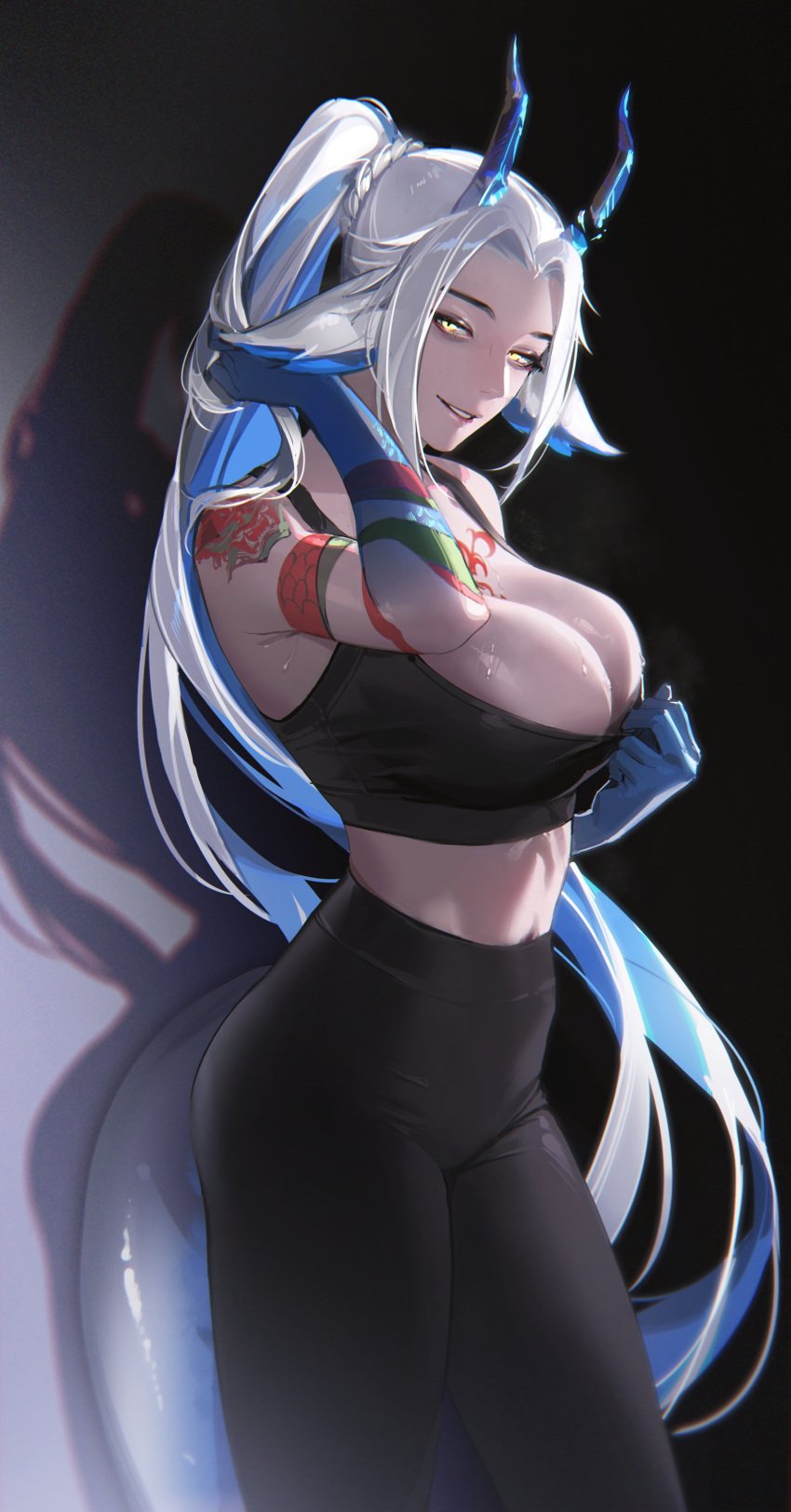 1girls belly_button blue_hair bra breasts broken_horn cleavage clothed clothing dragon_ears dragon_girl dragon_scales dragon_tail female female_only gym_clothes horns huge_breasts indie_virtual_youtuber inviting light-skinned_female light_skin limart looking_at_viewer monster_girl ponytail ray_hime scales seductive solo sports_bra sweat tail tattoo tattoo_on_chest tattooed_arm two_tone_hair virtual_youtuber white_hair yellow_eyes