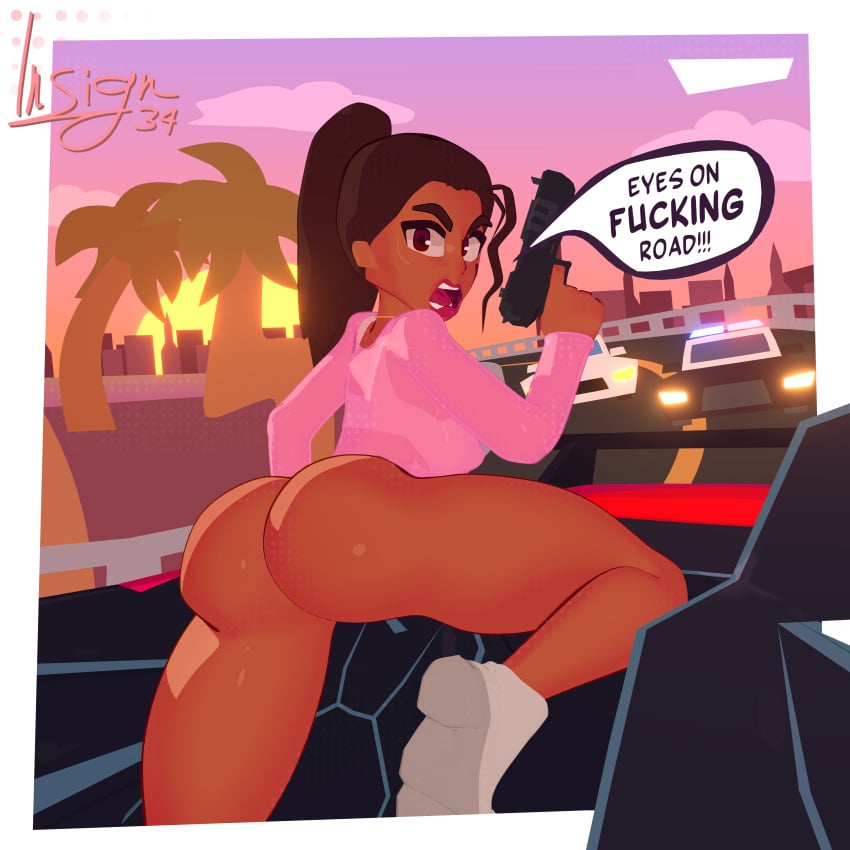 1girls 2d 2d_(artwork) 3d 3d_(artwork) angry angry_face ass ass_focus back background beach bent_knees bent_legs big_ass border brown_eyes brown_hair city clothed female female_focus female_only grand_theft_auto grand_theft_auto_vi hi_res highres hips hispanic insign34 is34 latina long_sleeves looking_at_viewer looking_back lucia_(gta) medium_breasts medium_hair nsfw open_mouth pale-skinned_female pale_skin palm_tree pink_clothing pistol police police_car ponytail pov puerto_rican riding shirt sneakers solo sunset thighs toony translucent translucent_clothing twitter_username viewed_from_behind yelling