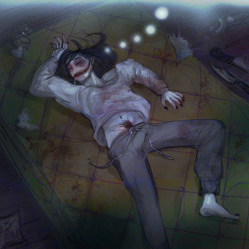 barefoot creepypasta creepypastasmut erection jeff_the_killer knife long_hair nightmare_husbando pale_skin penis_bulge pubic_hair saliva serial_killer sleeping solo