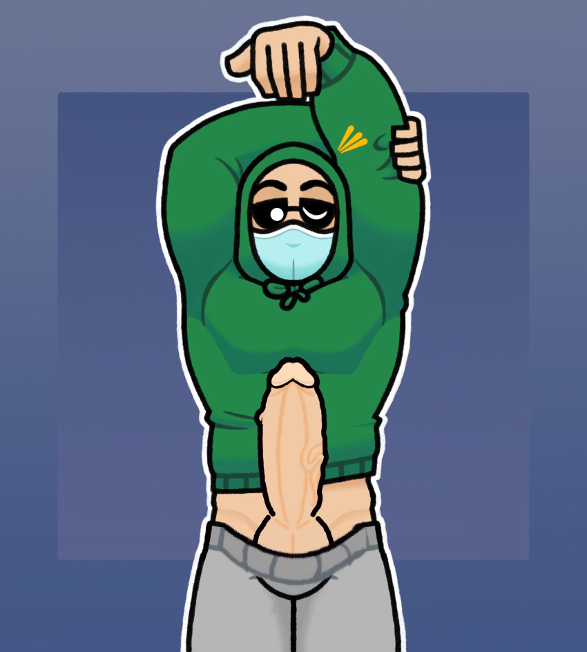 1boy balls bara big_penis bottomwear bottomwear_aside clothed clothing edit edited edited_by_why_bother56 erection gay genitals grey_pants hoodie hoodie_lift kwite male male_focus male_only mask muscular muscular_male one_eye_closed pants pants_aside penis penis_out solo solo_focus solo_male stretching sweater therabit topwear veiny_penis youtube youtuber youtuber_boy