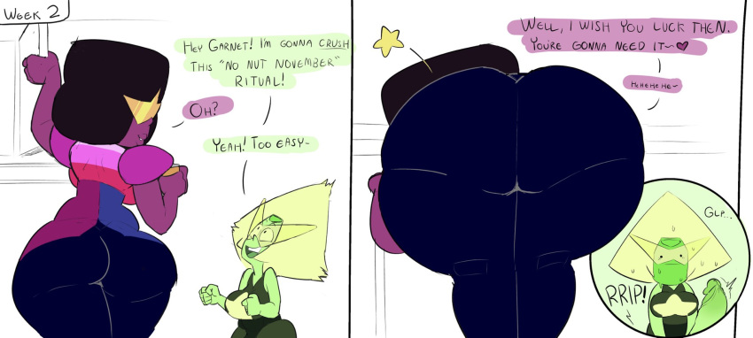 2023 2d 2futas ass back back_view bent_over big_ass big_penis black_hair bottom_heavy breasts bubble_butt cartoon_network clothed clothing comic commission dat_ass dialogue duo english_text erection fully_clothed futa_only futanari garnet_(steven_universe) gem_(species) green_body green_skin huge_ass huge_cock humanoid large_ass large_penis no_nut_november oogabutt pants penis penis_out peridot_(steven_universe) standing star steven_universe teasing text thick_thighs torn_clothes wide_hips