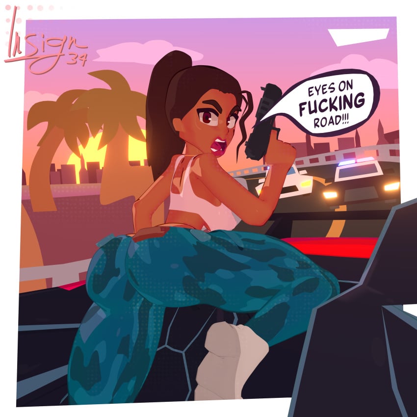 1girls 2d 2d_(artwork) 3d 3d_(artwork) angry angry_face ass ass_focus back background beach bent_knees bent_legs big_ass blue_clothing border bra brown_eyes brown_hair city clothed female female_focus female_only grand_theft_auto grand_theft_auto_vi hi_res highres hips insign34 is34 looking_at_viewer looking_back lucia_(gta) medium_breasts medium_hair nsfw open_mouth pale-skinned_female pale_skin palm_tree pants pistol police police_car ponytail pov riding sneakers solo sunset thighs toony twitter_username viewed_from_behind yelling