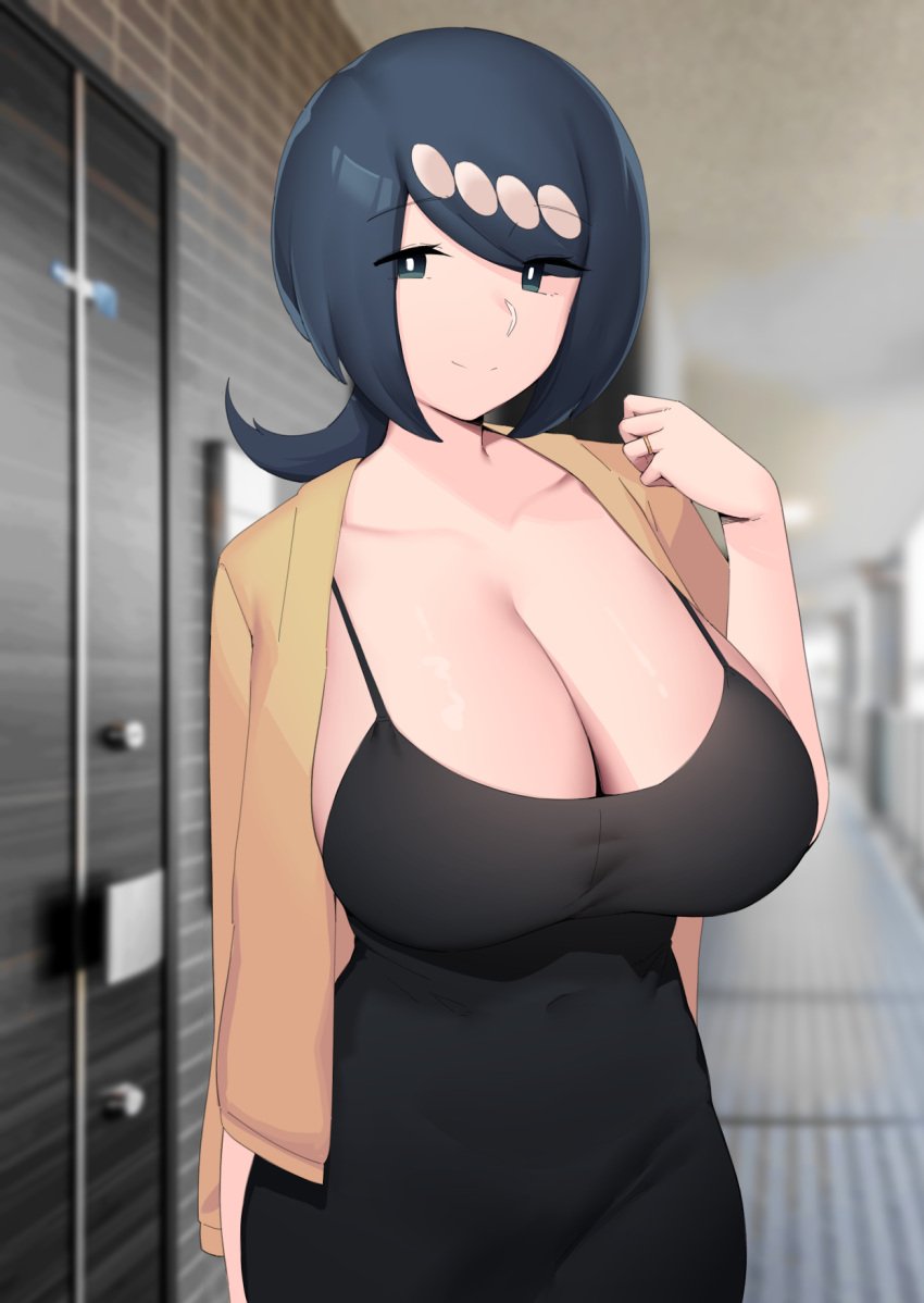 1girls 2023 big_breasts black_dress blue_eyes blue_hair breasts cleavage clothed clothed_female clothing dress eyebrows eyebrows_visible_through_hair eyelashes female female_focus female_only game_freak hair hips huge_breasts lana's_mother_(pokemon) light-skinned_female light_skin long_hair looking looking_at_viewer mature_female milf moebell mother nintendo no_bra outside pointy_chin pokemon pokemon_sm ring smile smiling solo solo_female solo_focus thick_thighs thighs wide_hips