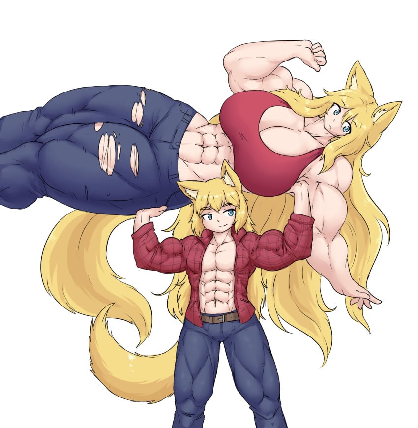 1boy1girl big_breasts big_muscles big_pecs bigger_female blue_shorts fox_ears fox_tail lifting_partner muscular_female muscular_male muscular_pecs pecs red_shirt sheepapp smiling tight_clothing tight_fit