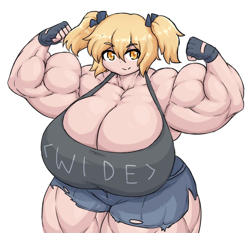 big_breasts big_muscles blonde_hair blue_shorts godzilla grey_bra muscular_female sheepapp smiling_at_viewer yellow_eyes