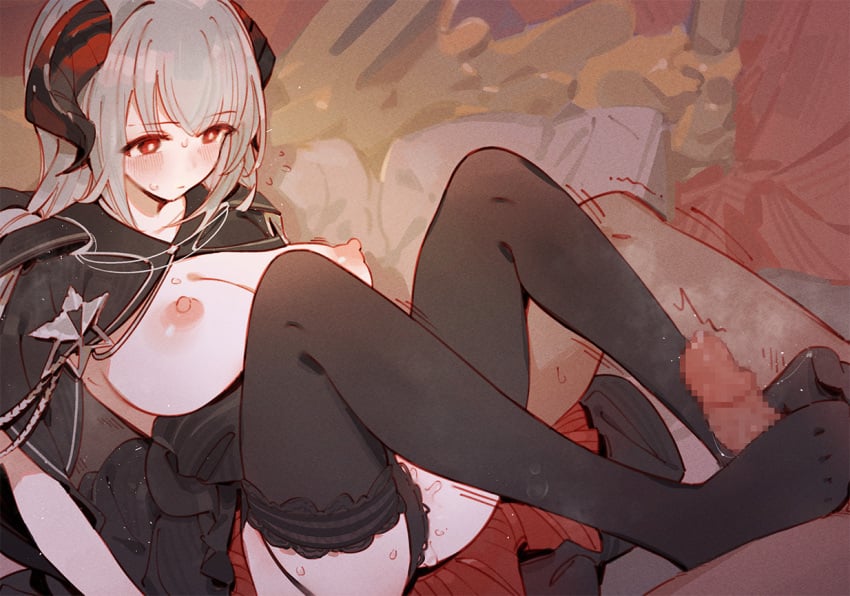 1boy 1girls azur_lane black_legwear black_stockings blush censored erect_nipples feet foot_fetish footjob footjob_with_legwear gsusart horns large_breasts nurnberg_(azur_lane) red_eyes sitting sitting_on_bed skirt stockings topless topless_female wet_pussy white_hair