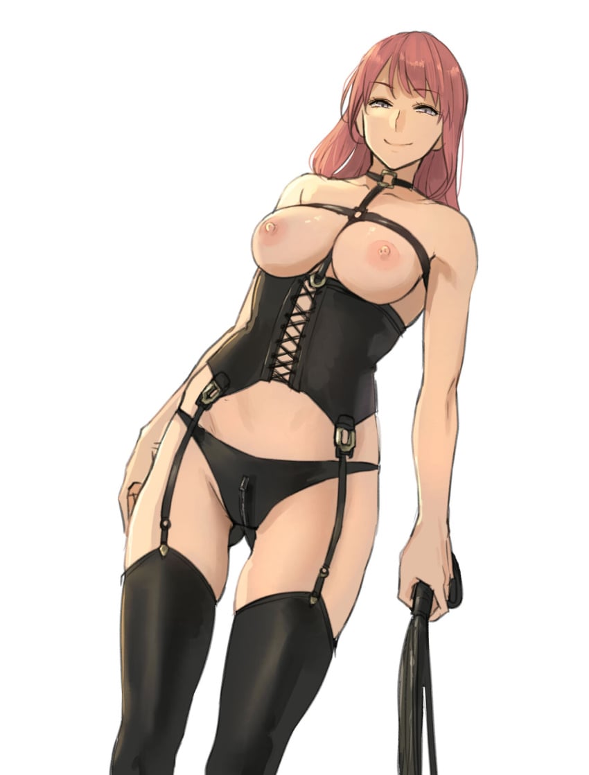 1girls 2017 ass_visible_through_thighs bare_arms bare_shoulders black_panties breasts cat_o'_nine_tails clothing corset crotch_zipper dominatrix eyebrows_visible_through_hair female female_only garter_straps grey_eyes highres holding_whip long_hair looking_at_viewer medium_breasts nipples original panties pepe_(jonasan) pink_hair revealing_clothes simple_background smile solo standing thighhighs thighs underwear whip white_background zipper