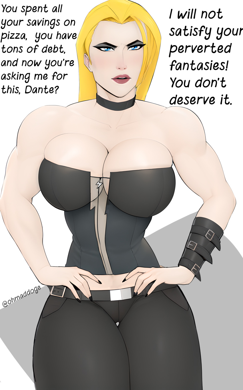 1girl 1girls 2d 2d_(artwork) belly belts big_breasts big_nipples blonde blonde_hair blue_eyes breasts breasts_out bulge bulging_breasts capcom choker comic comic_page corset curvy dante dante_(devil_may_cry) devil_may_cry devil_may_cry_4 dialogue dialogue_box digital_drawing_(artwork) digital_media_(artwork) digital_painting_(artwork) dirty dirty_talk leather leather_clothing leather_pants lips lipstick muscular muscular_female ohmaddoge presenting revealing_clothes shoulders strong_woman thigh_gap thighs tight_clothing trish_(devil_may_cry) voluptuous voluptuous_female wide_hips