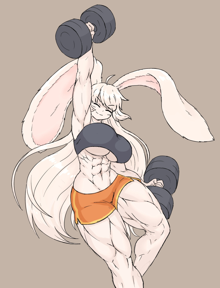 abs big_breasts black_bra blush_lines dumbbell holding_dumbbell muscular_female orange_shorts rabbit_ears rabbit_girl sheepapp smiling white_hair white_skin