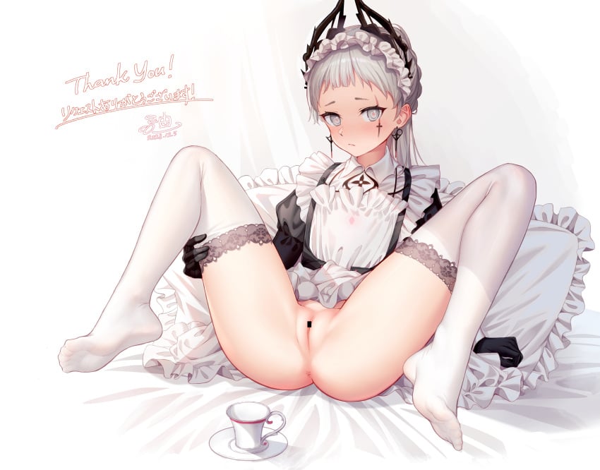 absurdres anus arknights bar_censor bed_sheet black_gloves blush censored closed_mouth cup dress earrings female frilled_pillow frills full_body gloves grey_eyes grey_hair has_bad_revision has_downscaled_revision highres irene_(arknights) jewelry kep_(ahokep) knees_up long_hair looking_at_viewer maid_headdress md5_mismatch no_panties no_shoes pillow pussy resolution_mismatch saucer scar scar_across_eye sitting solo source_smaller spread_legs teacup thighhighs white_background white_dress white_thighhighs