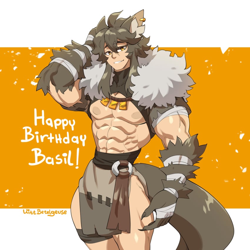 1boy abs basilwoof brown_hair grey_fur kittbetelgeuse large_pectorals looking_at_viewer male_only messy_hair muscular muscular_arms muscular_male muscular_thighs nipples pectorals smile smiling smiling_at_viewer werewolf wolf_ears