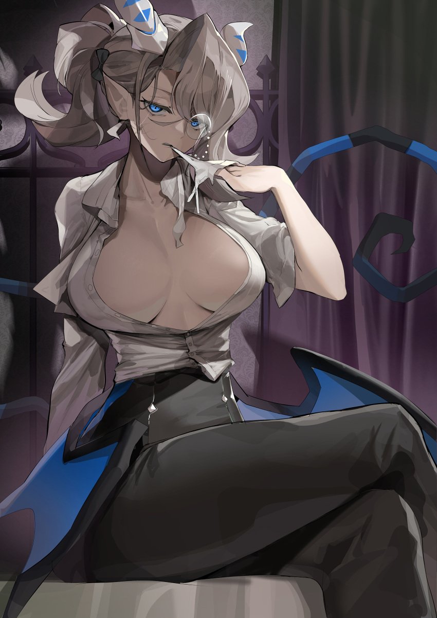 1girls arias_the_labrynth_butler big_breasts blue_eyes breasts demon duel_monster female gloves horns humanoid looking_back monocle ro_g_(oowack) silver_hair solo solo_female tail wings yu-gi-oh!