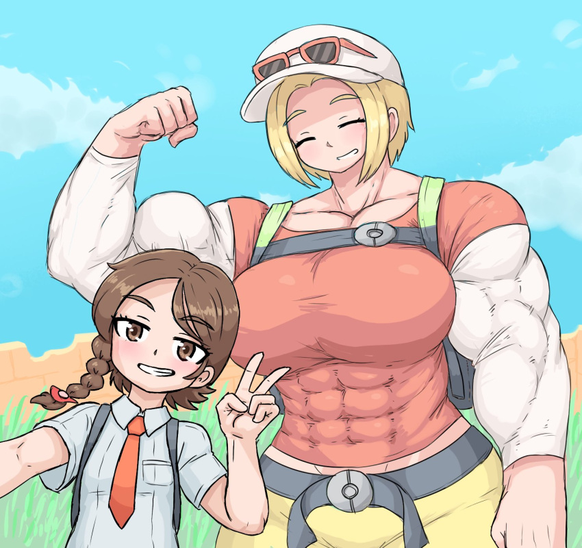 2girls big_breasts big_muscles bigger_female blonde_hair blushing brown_eyes brown_hair hiker_(pokemon) hiker_(pokemon_sv) juliana_(pokemon) multiple_girls muscular_female npc_trainer pokemon pokemon_sv selphie sheepapp smiling smiling_at_viewer tight_clothing trainer