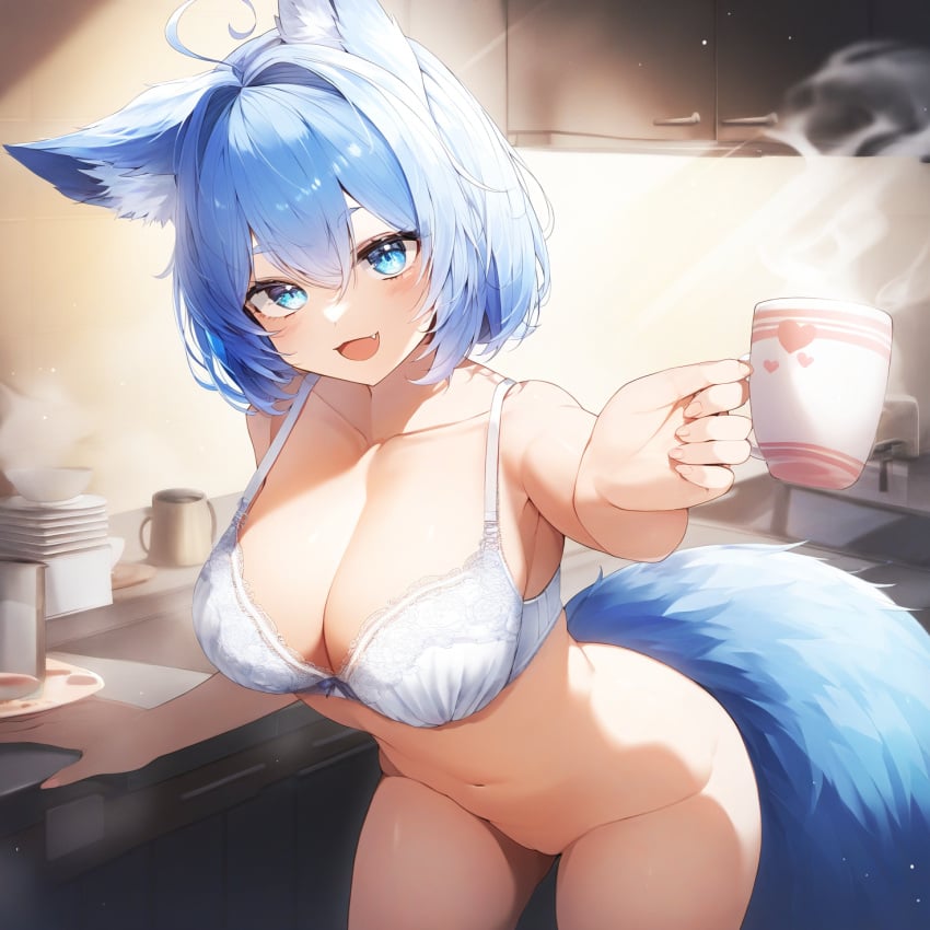 1girls agamou ai_generated aigbrea blue_eyes blue_hair bra breasts casual coffee fox_ears fox_girl fox_tail kitchen large_breasts no_panties oerba_yun_fang offering_to_viewer smile vagina white_bra