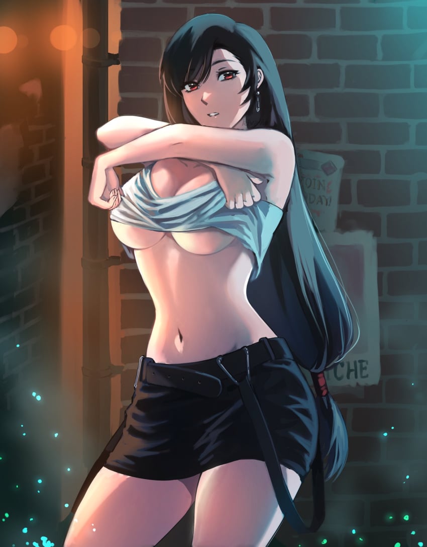 bare_arms bare_shoulders black_hair black_skirt breasts brick_wall cleavage clothes_lift commission cowboy_shot crop_top crossed_arms dangle_earrings earrings female final_fantasy final_fantasy_vii hair_between_eyes hair_tie highres jewelry kivavis large_breasts long_hair low-tied_long_hair midriff miniskirt navel parted_lips red_eyes shirt shirt_lift skirt sleeveless sleeveless_shirt solo suspenders_hanging swept_bangs tifa_lockhart underboob white_shirt