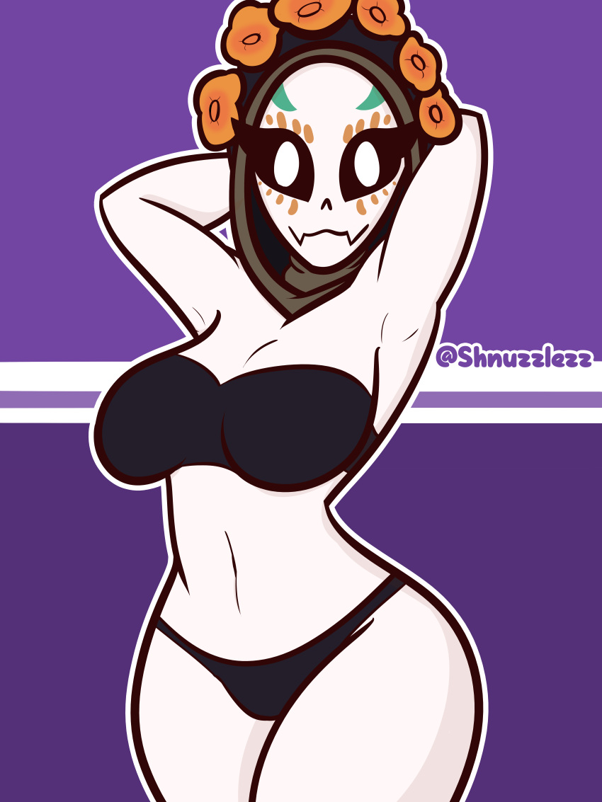 armpits bra breasts catrina_(fortnite) day_of_the_dead dia_de_los_muertos epic_games flowers flowers_on_head fortnite fortnite:_battle_royale hands_behind_head hood panties partially_clothed shnuzzlez shnuzzlezz skeleton white-skinned_female white_pupils white_skin