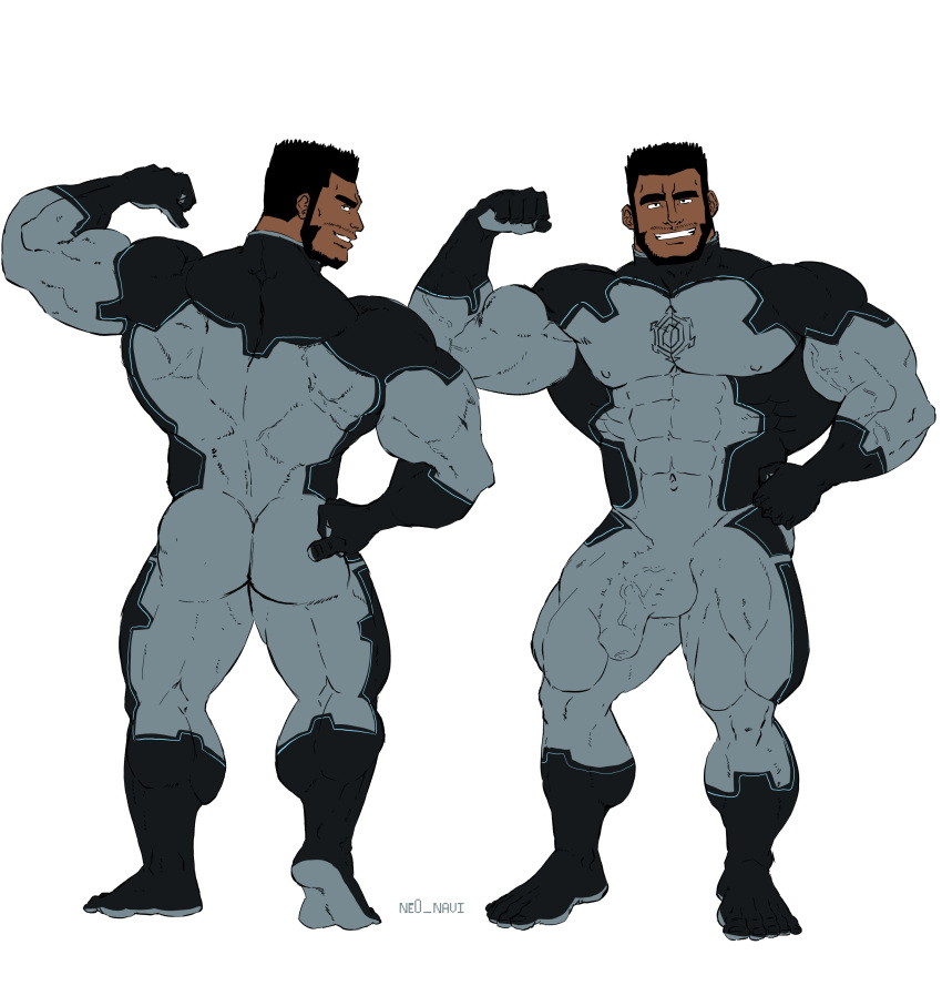 balls bara big_penis bulge clothing facial_hair flexing fully_clothed male male_only muscles muscular ne0_navi penis skintight_bodysuit solo solo_male