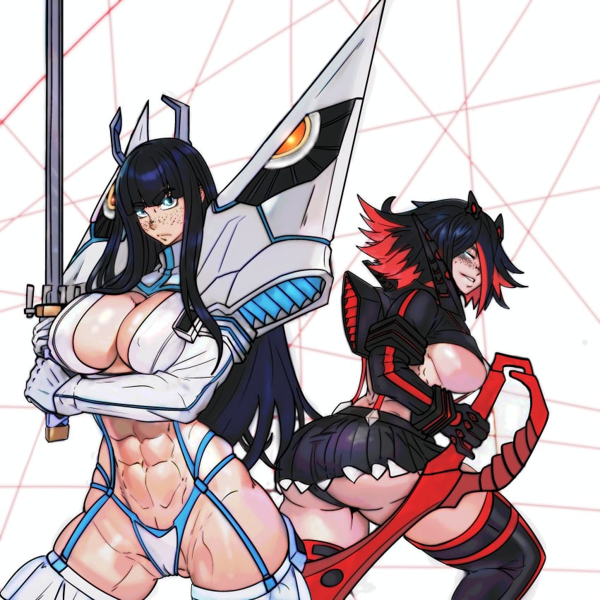 2girls big_ass big_breasts cameltoe female female_only freckles junketsu kill_la_kill kiryuuin_satsuki master_dcj matoi_ryuuko multiple_girls muscles muscular muscular_female revealing_clothes senketsu sisters tagme thighs