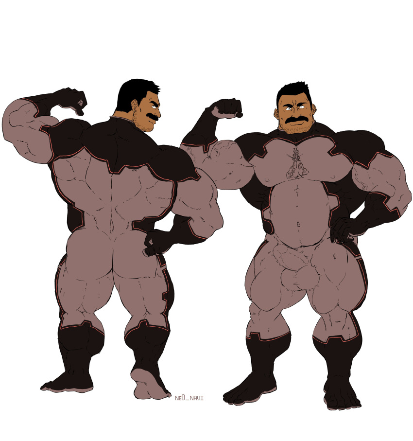 balls bara big_penis bulge clothing facial_hair flexing fully_clothed male male_only muscles muscular ne0_navi penis skintight_bodysuit solo solo_male