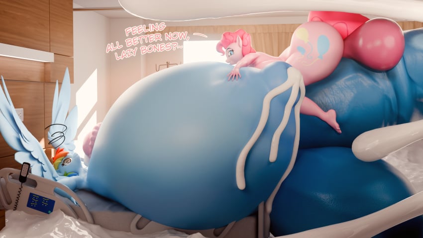 3d 3d_(artwork) absurd_res anthro anthrofied balls_expansion bed big_breasts big_penis blue_body blue_eyes blue_fur bodily_fluids breasts cum cutie_mark dialogue earth_pony ejaculation english_text equid equine excessive_cum excessive_genital_fluids friendship_is_magic frostbound fur furniture futanari genital_fluids genitals gigantic_breasts gigantic_penis gigantic_testicles hair hasbro hi_res horse hospital hospital_bed huge_breasts huge_cock huge_nipples huge_penis huge_testicles hyper hyper_ball hyper_breasts hyper_genitalia hyper_penis intersex intersex/intersex lactating lactation mammal milk multicolored_hair my_little_pony pegasus penis penis_between_breasts penis_bigger_than_body penis_expansion penis_growth pink_body pink_fur pink_hair pinkie_pie_(mlp) pony rainbow_dash_(mlp) rainbow_hair room_filling sitting_on_penis spiral_eyes text thick_thighs wings