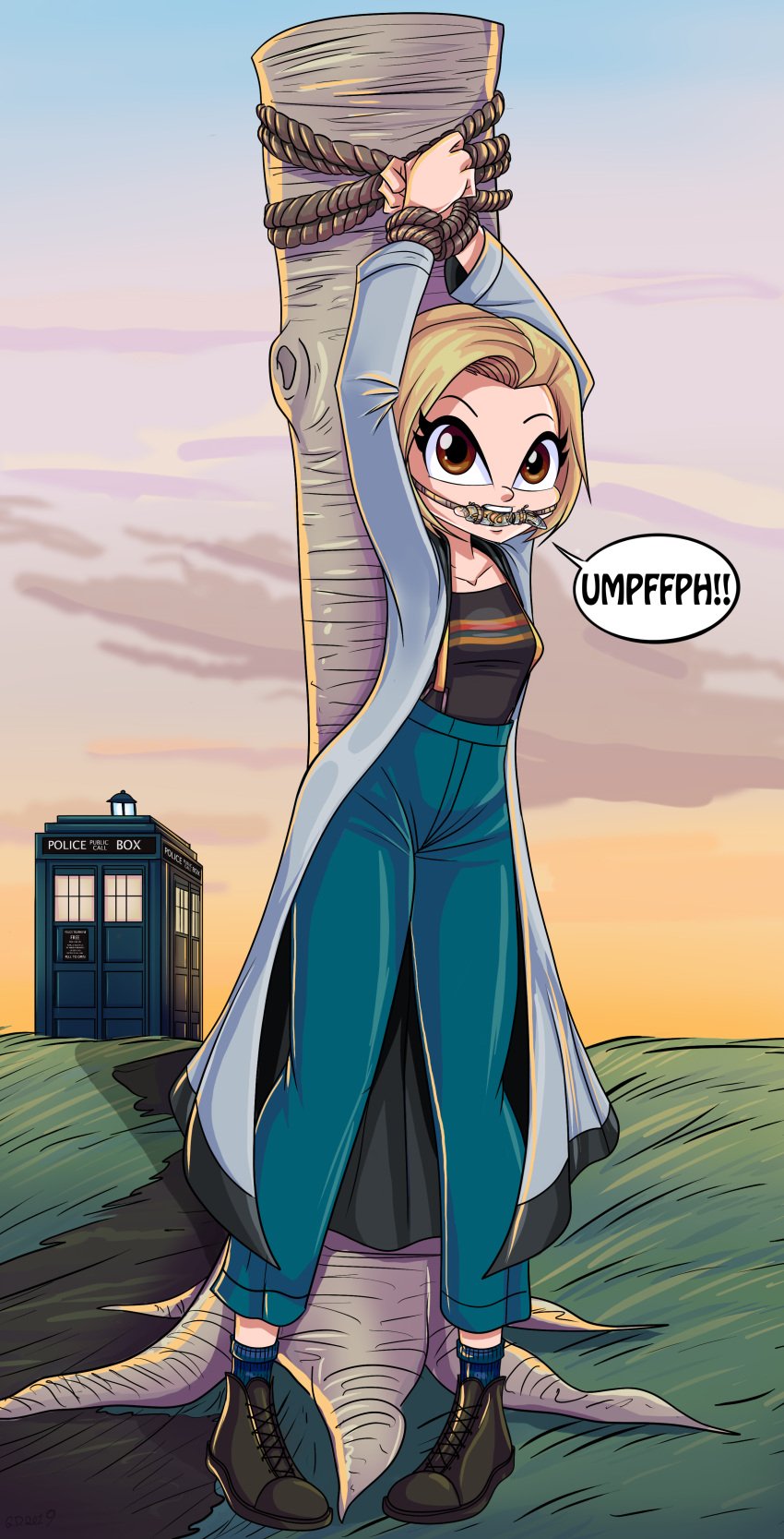 1girls artist_request big_eyes blonde_hair bondage brown_eyes clothed doctor_who female full_body gagged hands_tied hi_res restrained solo sonic_screwdriver tardis the_doctor thirteenth_doctor