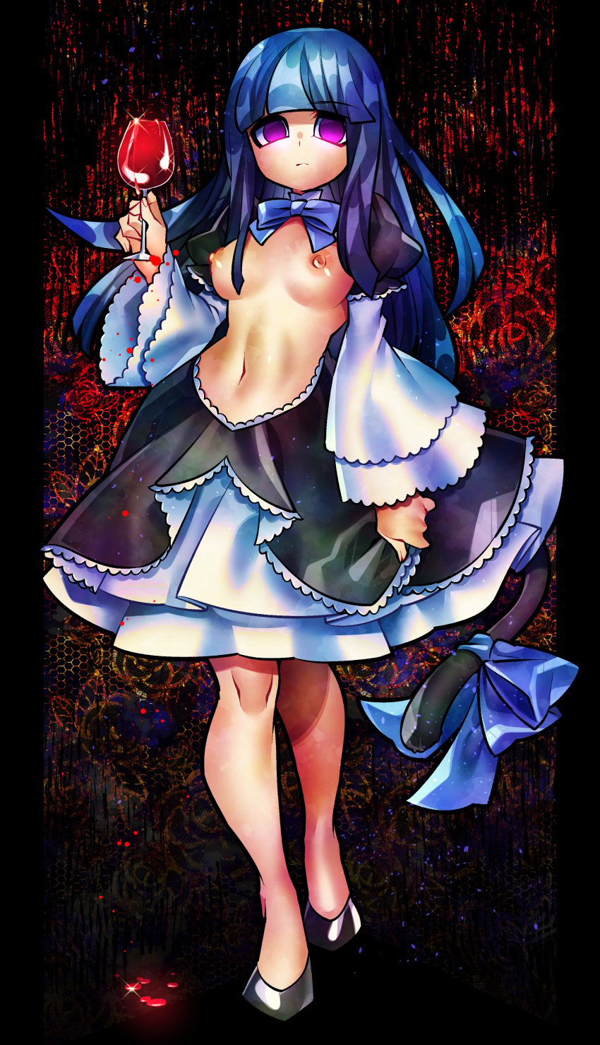 07th_expansion 1girls alcohol black_dress blue_bow blue_hair blunt_bangs bow bowtie breasts breasts_out cat_tail commission cup dark_background dark_blue_hair dress drinking_glass dripping empty_eyes exhibitionism expressionless female female_only frederica_bernkastel frilled_dress frilled_skirt frilled_sleeves frills gothic gothic_lolita holding holding_cup knees lolita_fashion long_hair looking_at_viewer medium_breasts midriff navel nipples overflowing public public_indecency purple_eyes revealing_clothes senmu_(0107) shoes skeb_commission skirt solo standing tail tail_ornament umineko_no_naku_koro_ni walking wine wine_glass