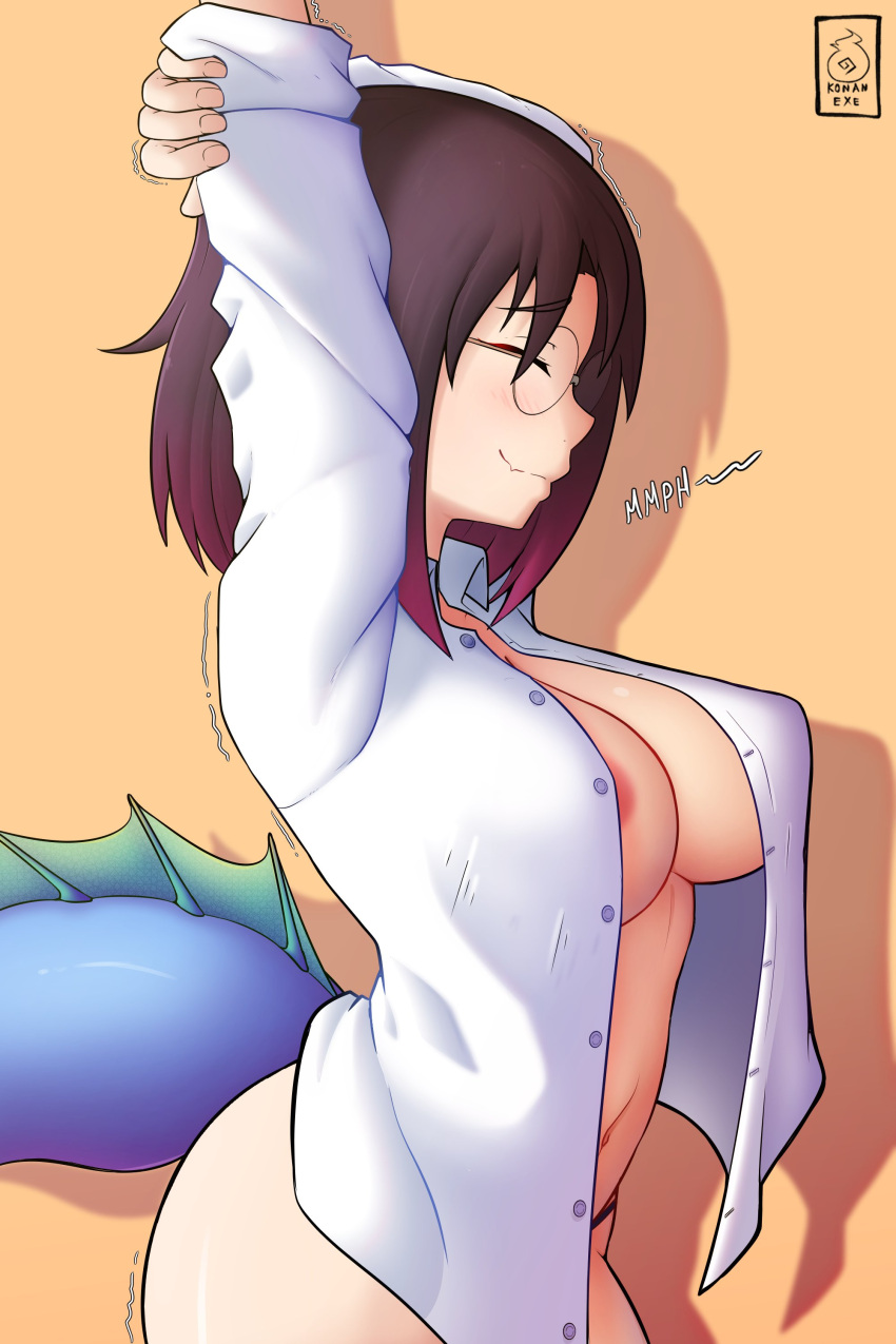 1girls almost_naked alternate_version_at_source alternate_version_available areolae arms_up belly big_breasts breasts dragon_girl dragon_horns dragon_humanoid dragon_tail elma_(miss_kobayashi's_dragon_maid) female female_only glasses hi_res kobayashi-san_chi_no_maidragon konanexe miss_kobayashi's_dragon_maid motion_lines nipple_bulge nipples partially_clothed shirt short_hair solo stretching waking_up