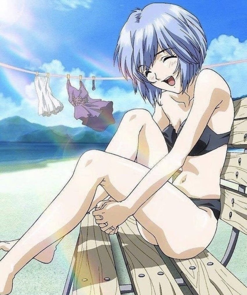 1girls bikini blue_hair laughing neon_genesis_evangelion rei_ayanami single_female