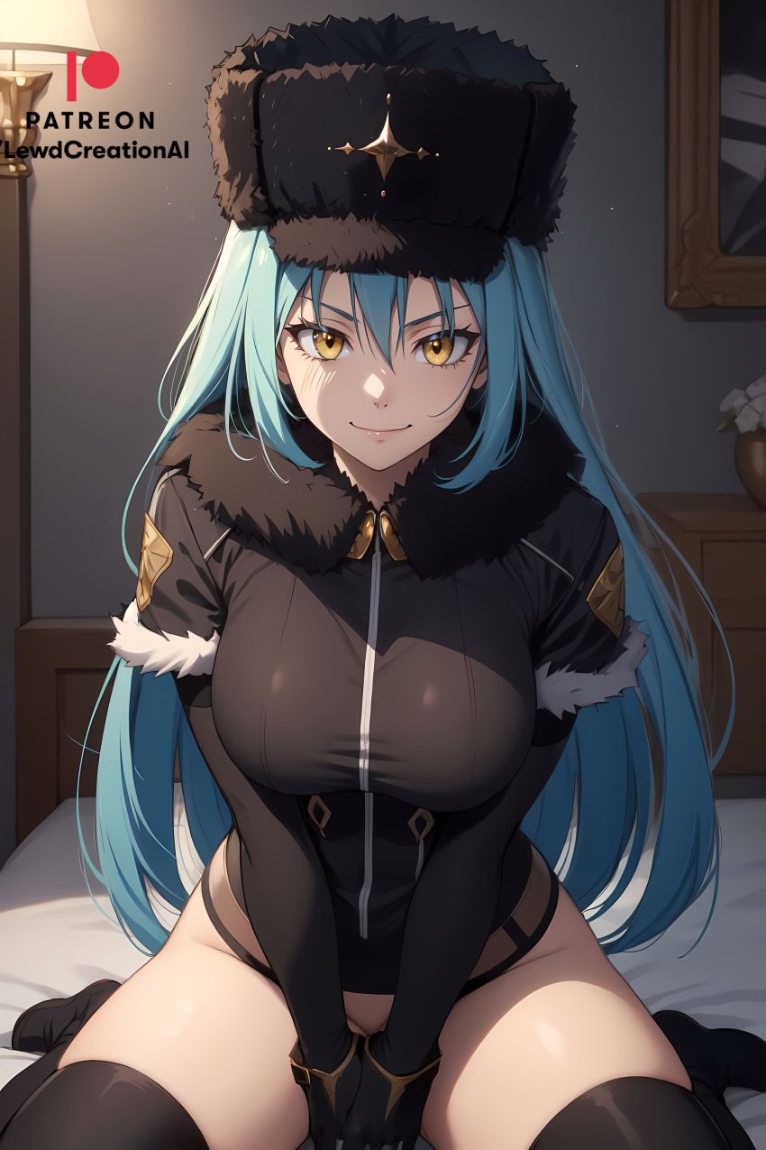 ai_generated blue_eyes blush blush_lines breasts cosplay glowing_eyes golden_eyes hat indoors kneeling kolin large_breasts lewdcreationsai looking_at_viewer on_bed rimuru_tempest russian smirk smirking stable_diffusion street_fighter street_fighter_6 street_fighter_v that_time_i_got_reincarnated_as_a_slime thigh_highs thighhighs thighs ushanka yellow_eyes