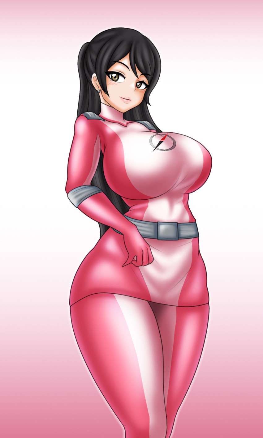 1girls alluring big_breasts black_hair bodysuit gogo_sentai_boukenger hazel_eyes nishihori_sakura no_headwear pin_up solo super_sentai treezero