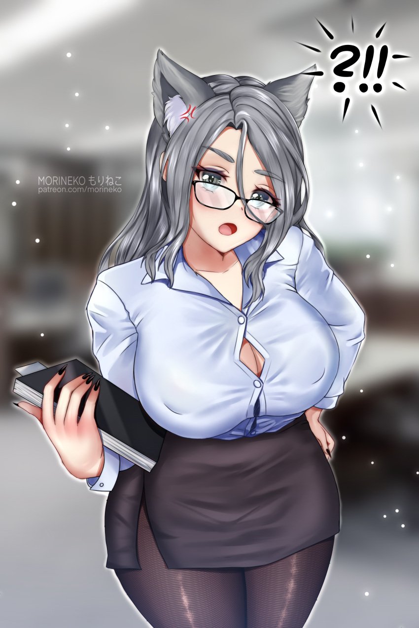 1girls annoyed artist_name big_breasts button_down_shirt button_gap cat_ears eribyte glasses gray_eyes gray_hair morineko office_lady short_skirt stockings virtual_youtuber vtuber