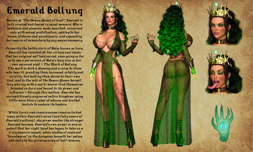 1girls 3d 3d_(artwork) areolae big_breasts breasts character_bio choker cleavage crown dyed_hair earrings emerald_bellung fiddlestix_3dx_(artist) green_eyes green_highlights heels long_tongue makeup platform_heels queen royalty skimpy skimpy_clothes skimpy_dress text thick_thighs thighs tongue tongue_out