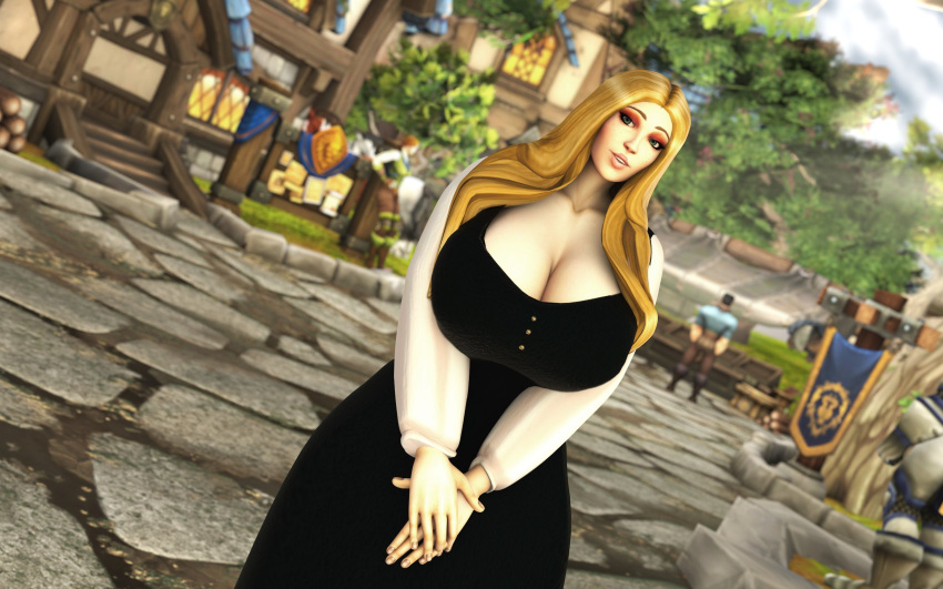 2023 3d black_dress blonde_hair chastity_highford clothed female goldshire human human_(world_of_warcraft) large_breasts lich_crypt outside world_of_warcraft