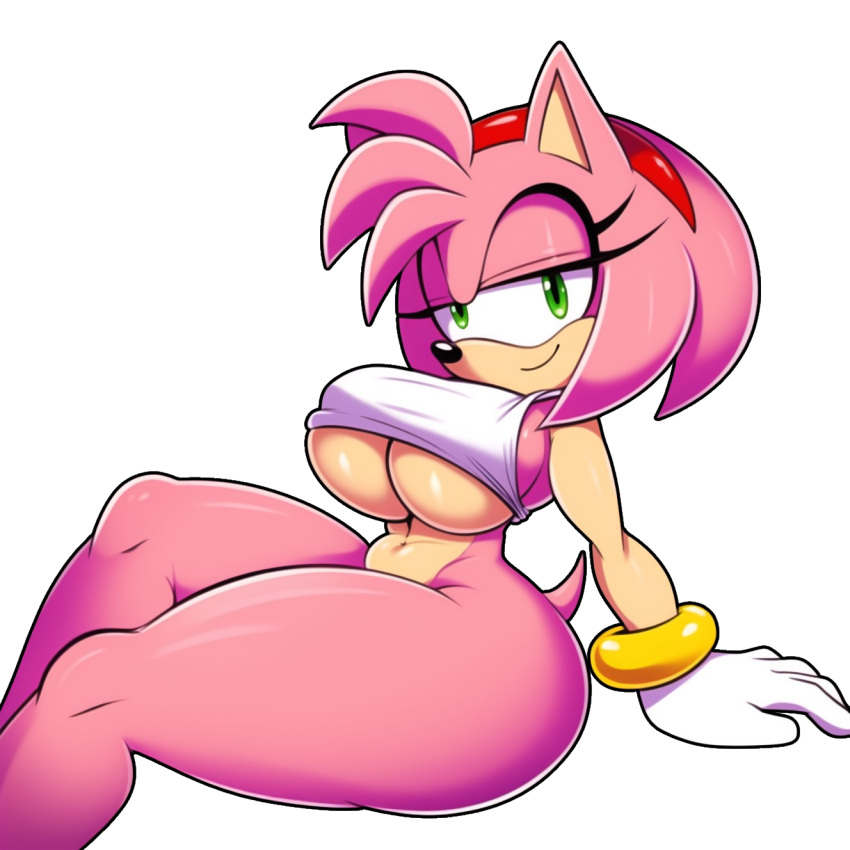 ai_generated amy_rose anthro bracelet eulipotyphlan gloves gold_(metal) gold_bracelet gold_jewelry green_eyes headband hedgehog hedgehog_humanoid huge_breasts huge_thighs mammal navel pink_body pink_fur pink_hair ring scut_tail short_hair short_tail smile sonic_(series) sonic_the_hedgehog_(series) tail thick_thighs thighs transparent_background two_tone_body underboob virtuai white_gloves white_shirt