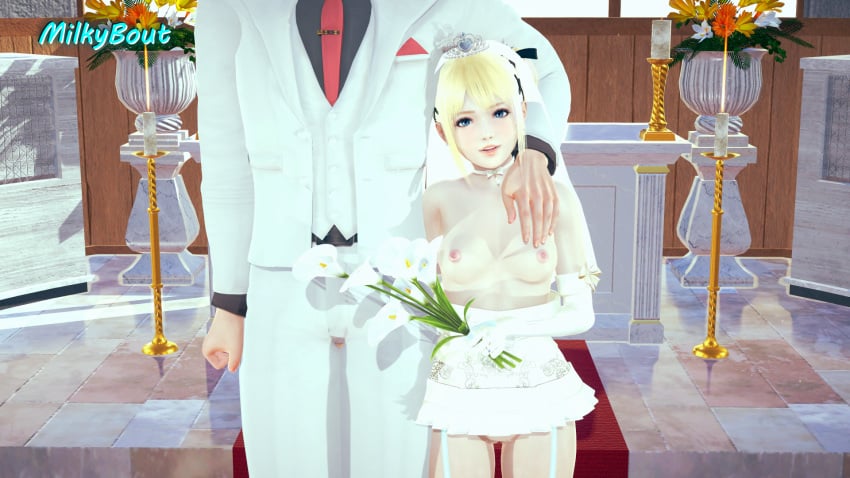 1boy 1boy1girl 1girls 3d 3d_(artwork) areolae blonde_hair blue_eyes breasts dead_or_alive female flowers holding_flower honey_select honey_select_2 male marie_rose milkybout nipples petite size_difference small_breasts suit twintails wedding wedding_dress wedding_veil