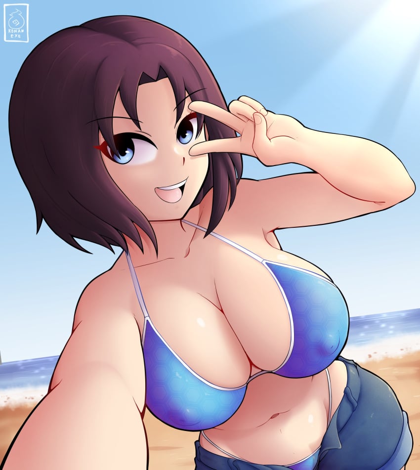 beach belly belly_button big_breasts bikini bikini_bottom bikini_top black_hair blue_eyes breasts clothing elma_(dragon_maid) gradient_hair hi_res highres kobayashi-san_chi_no_maidragon konanexe looking_at_viewer miss_kobayashi's_dragon_maid nipple_bulge nipples open_shorts outside peace_sign purple_hair selfie selfie_pose short_hair shorts swimsuit two_tone_hair