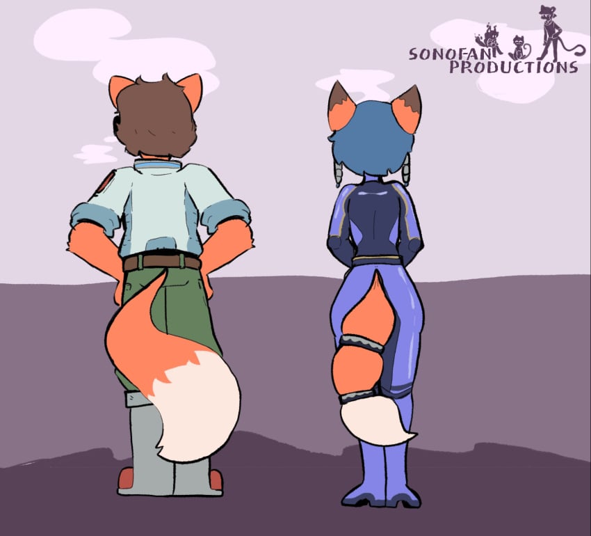 1boy 1girls 2023 animated anthro artist_logo artist_name ass blush body_fur breasts canine clothed clothing cosplay dialogue digital_media_(artwork) duo embarrassed embarrassment exposed_breasts female fluffy_tail fox fully_clothed genitals hair hi_res male mammal nintendo no_visible_genitalia nude_female pussy short_hair simple_background sonofan star_fox undressing_between_scenes unseen_female_face unseen_male_face