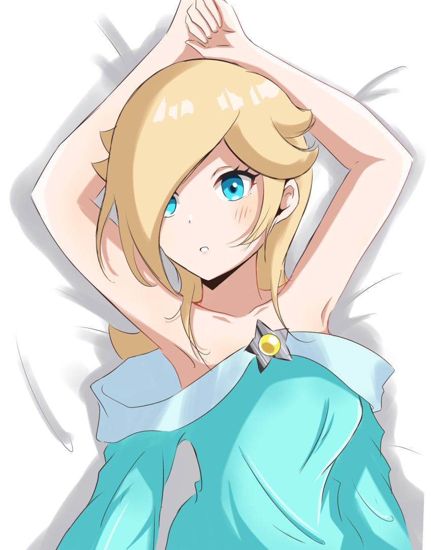 1girls :o armpits arms_above_head arms_behind_head arms_out blonde_hair blue_dress blue_eyes blush cute female female_focus female_only hair_over_one_eye mario_(series) nintendo partially_dressed princess_rosalina shoulderless_dress solo_female super_mario_galaxy yassrosalina