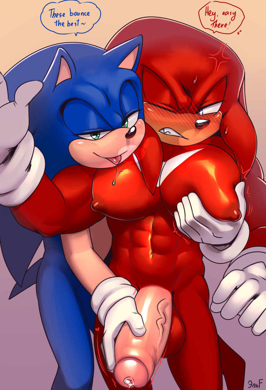 2boys abs anthro anthro_on_anthro balls blue_body bodily_fluids dialogue duo echidna english_text eulipotyphlan gay genital_fluids genitals groping_pecs hedgehog hi_res huge_pecs knuckles_the_echidna krazyelf male male/male male_only mammal monotreme navel nipples nude penis precum red_body sega smile sonic_(series) sonic_the_hedgehog sonic_the_hedgehog_(series) text tongue tongue_out