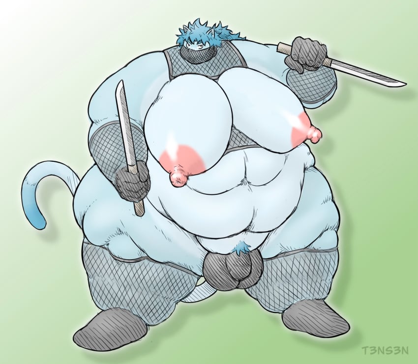 anthro balls belly big_moobs big_pecs blubber breasts clothing domestic_cat felid feline felis fishnet fishnet_legwear genitals hi_res huge_moobs huge_pecs hyper_moobs hyper_pecs legwear male mammal melee_weapon moobs morbidly_obese morbidly_obese_male ninja nipples obese obese_male overweight overweight_male pecs penis solo sword t3ns3n warrior weapon