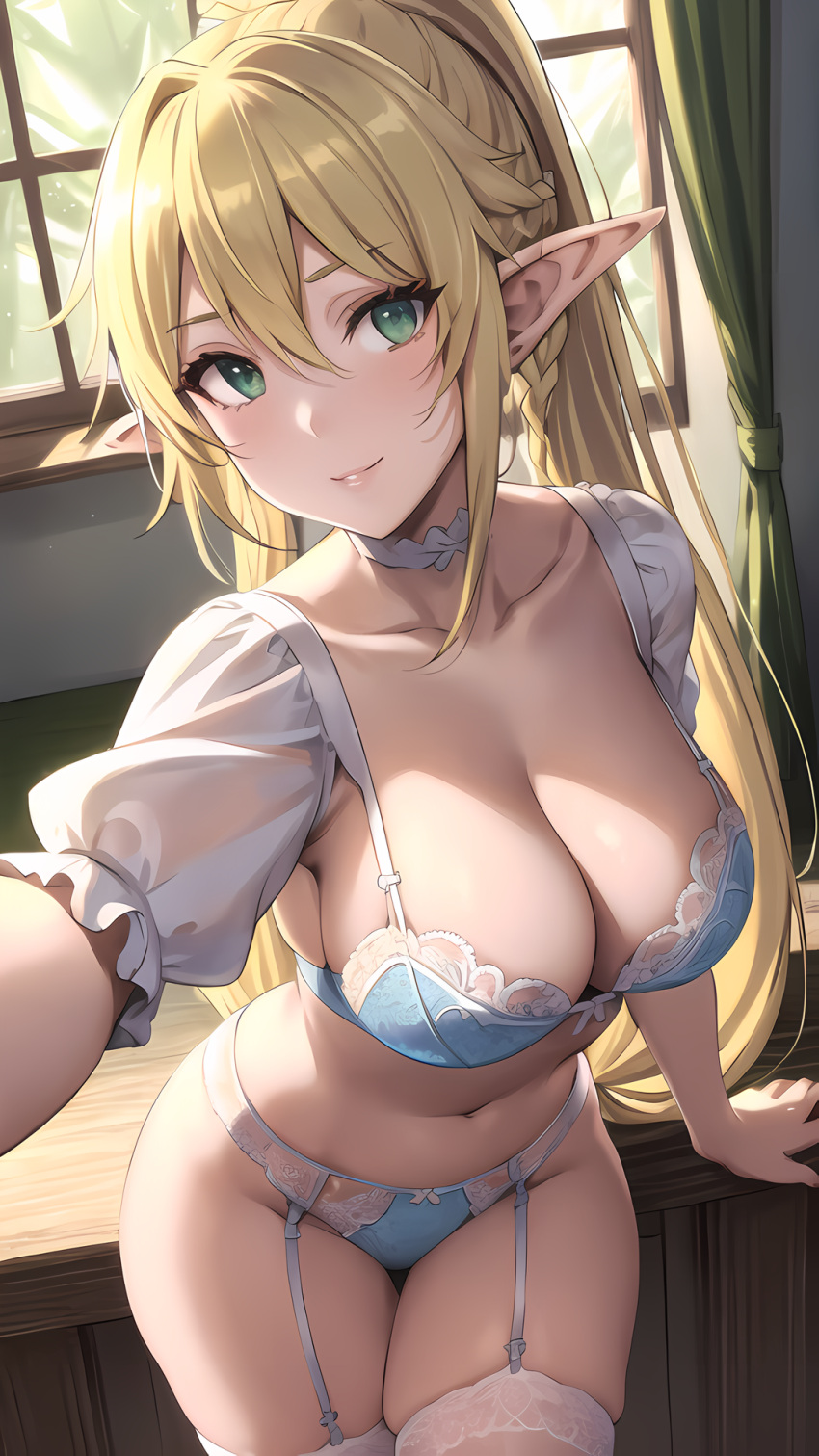 ai_generated blonde_hair blush female green_eyes hi_res huge_breasts kirigaya_suguha leafa lingerie long_hair looking_at_viewer ponytail smile solo stockings sword_art_online thick_legs waifuhug