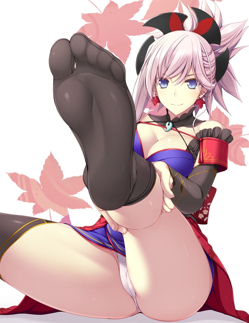 ass_cheeks black_legwear black_socks blue_eyes calf calf_grab calf_muscles fate/grand_order fate_(series) feet feet_focus foot_fetish foot_focus hands hands_on_legs imminent_domination imminent_footjob leg_muscles legs legwear looking_at_viewer medium_breasts miyamoto_musashi_(fate) miyamoto_musashi_(swimsuit_berserker) naturalton pantyhose pantyhose_pull partially_visible_vulva perfect_feet pink_hair removing_clothing removing_legwear removing_sock seductive seductive_pose seductive_smile socks_removed sole_female soles thick_thighs thighs violet_eyes