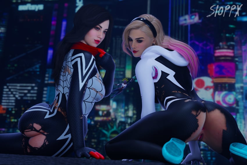 2girls 3d 3d_(artwork) ass black_hair blender blender_(software) blonde_hair butt_crack cindy_moon dark_hair dat_ass female female_only gwen_stacy human human_only light-skinned_female light_skin looking_back marvel no_panties no_underwear render ripped_clothing silk silk_(marvel) sioppx spider-gwen spider-man_(series) torn_clothes torn_clothing uncensored vagina