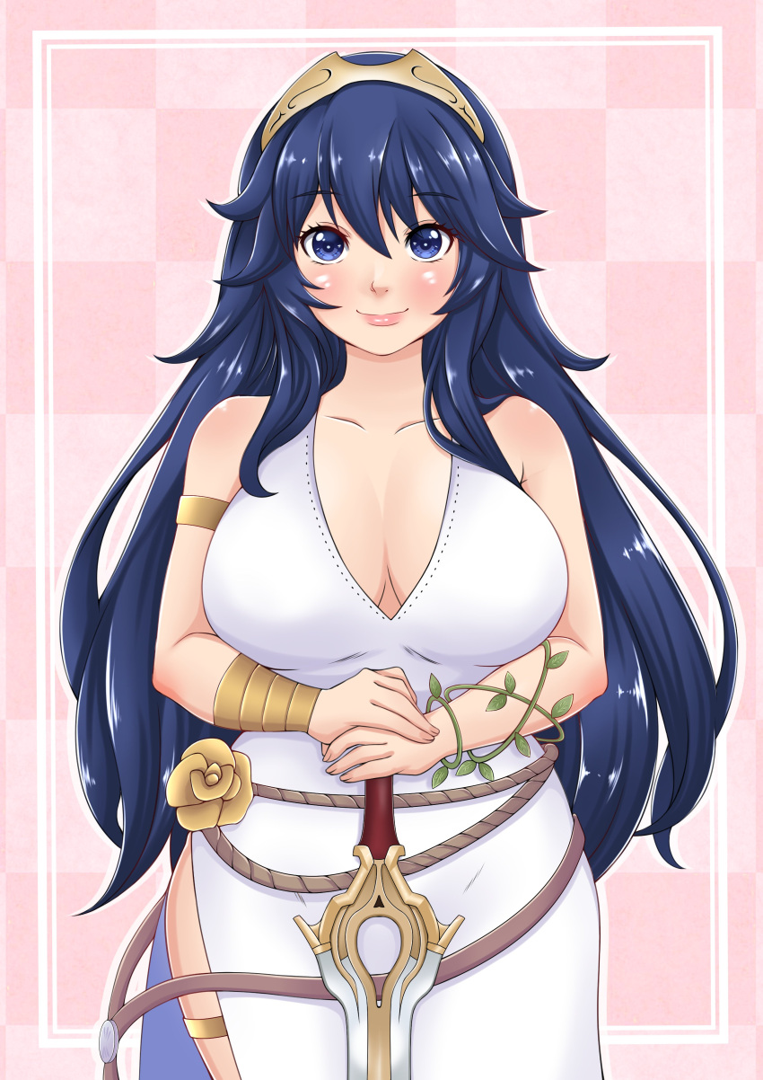 1girls alternate_breast_size alternate_costume alternate_version_available bangs bare_shoulders blue_eyes blue_hair breasts busty cleavage curvy female female_only fire_emblem fire_emblem_awakening fire_emblem_heroes highres holding_weapon jewelry large_breasts long_hair looking_at_viewer lucina_(fire_emblem) lucina_(valentine)_(fire_emblem) misune_art nintendo official_alternate_costume revealing_clothes smile solo thigh_gap tiara upper_body vambraces white_dress