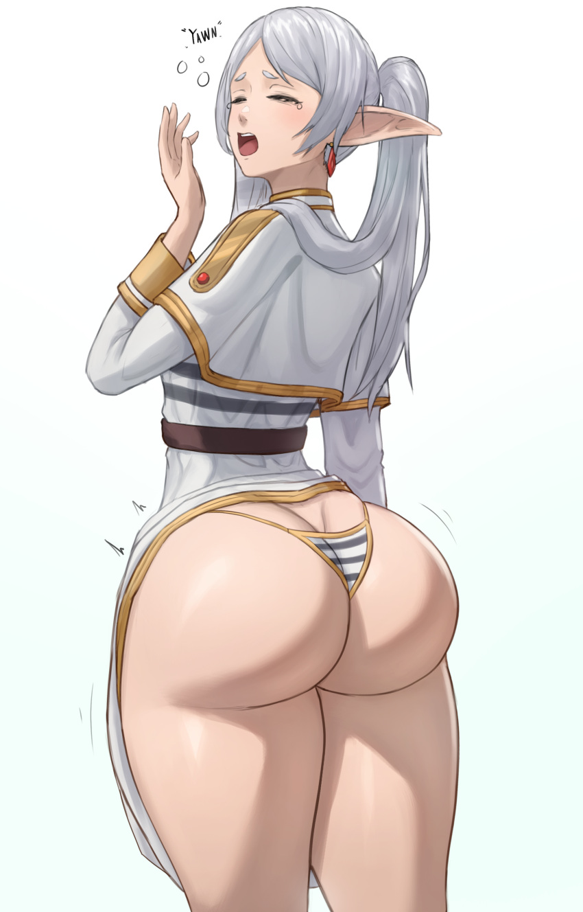 ass ass_focus butt_crack closed_eyes elf female frieren from_behind huge_ass long_hair open_mouth pointy_ears shiny shiny_hair shiny_skin silver_hair solo sousou_no_frieren superbusty teardrop tears thong twintails very_long_hair yawn yawning