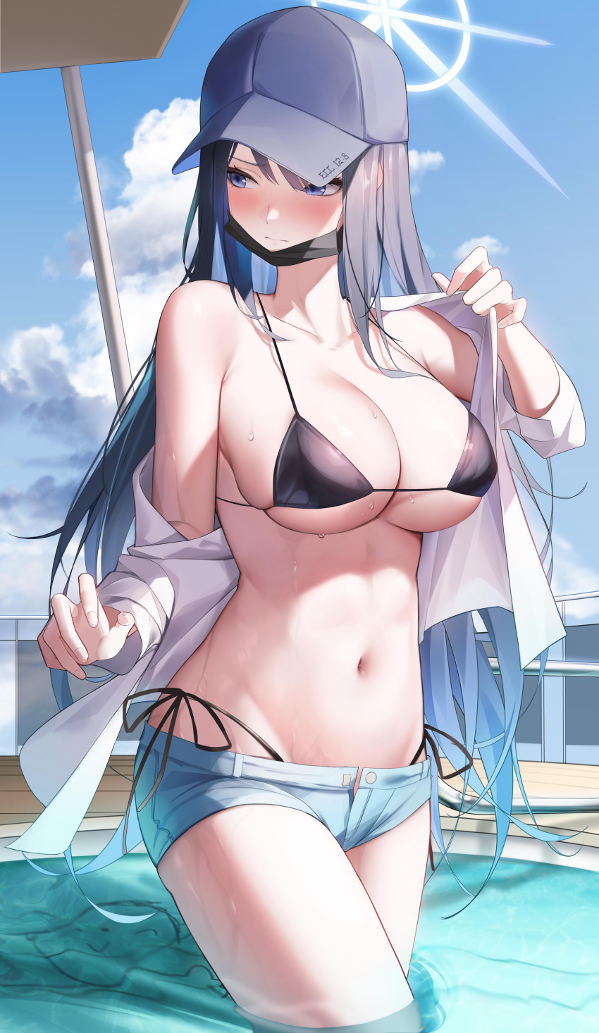 1girls abs absurdres arius_satellite_school_student arius_squad_(blue_archive) artist_request belly belly_button bikini bikini_bottom bikini_top blue_archive blue_eyes blue_hair blue_sky blush breasts clouds doodle_sensei_(blue_archive) eyebrows_visible_through_hair female female_only fit_female halo hat in_water large_breasts long_hair looking_to_the_side mask mask_down midriff navel pool saori_(blue_archive) short_pants shy sky stomach summer sweat sweatdrop swimsuit swimwear thick_thighs thighs tummy waist water wet wet_body white_shirt yacht